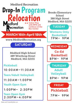 flyer for drop in programs relocated at MHS and Brooks